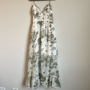 Romantic Green Floral Maxi Dress with Ruffle Hem – Cottagecore Aesthetic
